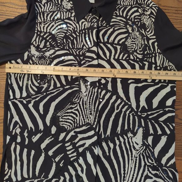 Vintage Diane Gilman Zebra Print Button-Up Black‎ White Silk Sequin Blouse Sz S - Picture 9 of 16